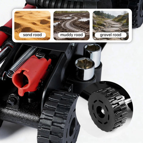 Close-up of 4400 Lb Hydraulic Off Road Floor Jack With Big Wheels for trucks, SUVs, and ATVs, showing rugged tires and dual piston lift.