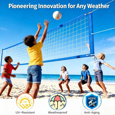Kids playing with Heavy Duty Outdoor Volleyball Net For Beach And Backyard, Weatherproof And Built To Last, Tough As Nails, Regulation 32x3FT With UV Resistant HDPE on beach
