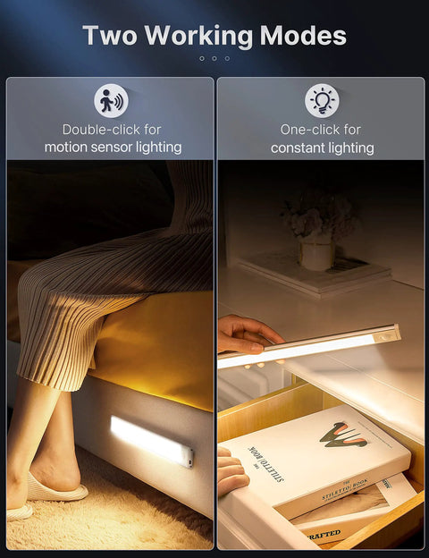 Two working modes of Rechargeable Under Cabinet Light with 50 LED Motion Sensor, Wireless Night Light in use under a shelf