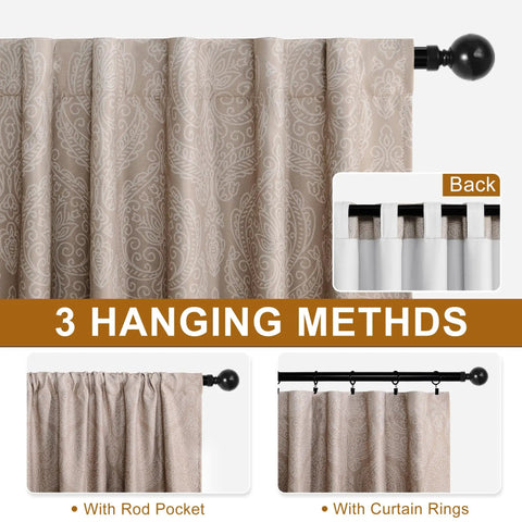 Brown Ombre Curtain Panels Set Of 2 For Small Windows 42W X 63L Each Room Darkening Light Blocking Blockout Thermally Insulated Damask Drapes Back Tab Or Rod Pocket Or Clip Ring Tiebacks Included 84 Inch Total Width hanging methods shown.