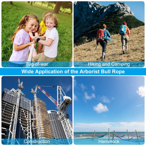 Image showing applications for Five Eighths Inch By Two Hundred Feet Polyester Bull Rope Arborist Rigging Line: tug-of-war, hiking, construction, hammock.