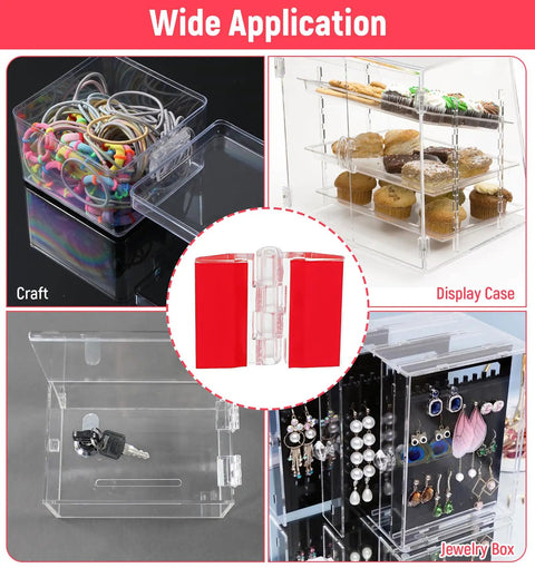 Dope Self Adhesive Clear Acrylic Hinges Pack of 16 for DIY Boxes, displayed on various craft and display items