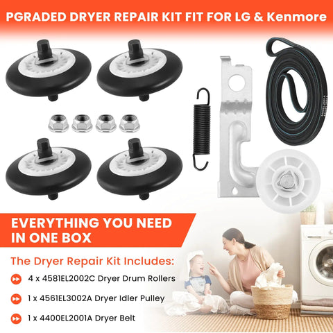 Dryer Repair Kit With Drum Roller Belt And Idler Pulley Replacement Parts For 4581EL2002C 4400EL2001A 4561EL3002A Fits DLE2516W