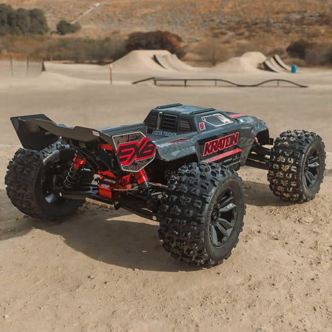 ARRMA Kraton 1 8 Scale 6S EXB Ready To Run Clipless Body Basher Monster RC Truck Powerful And Stable With Brushless Motor Battery And Charger Not Included Black ARA8708V6T1, rear view on dirt track