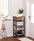Hella Narrow Five Tier Shoe Rack With Classic Wooden Top Reinforced Steel Mesh, 36-inch tall, holding various sneakers and heels.