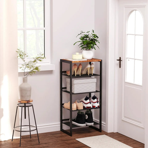 Hella Narrow Five Tier Shoe Rack With Classic Wooden Top Reinforced Steel Mesh, 36-inch tall, holding various sneakers and heels.