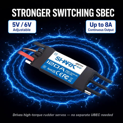 Shark G2 120A ESC with built in switching BEC 5V and 6V 8A, water cooled, bidirectional waterproof brushless speed controller for RC boats.