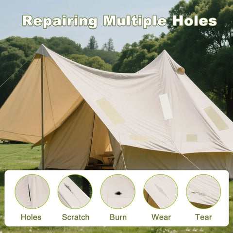 Heavy Duty Canvas Repair Tape Patch Kit 3x79 Inch Waterproof Self Adhesive Fabric Patch used on a tent for hole repair.