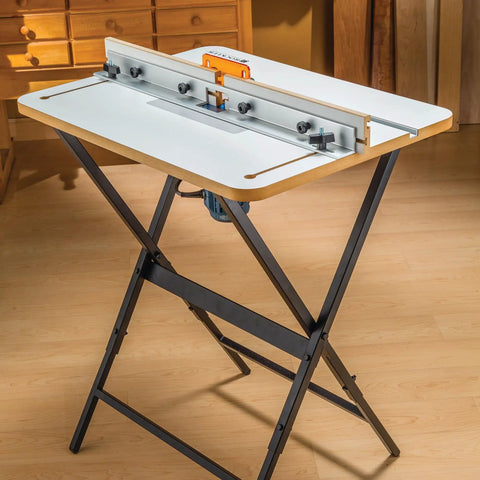 Rock Solid Router Table Kit With Powder Coated Steel Stand And Smooth Phenolic Plate in workshop setup for precision routing.