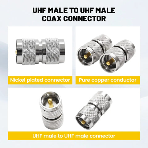 Two Pack UHF PL259 Male To Male Coax Connectors nickel plated with copper core for CB Ham Radios Antennas and Coax Cable