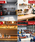Collage of a garage, work bench, bar, and repair shop scenarios for Swivel Industrial Shop Stool With Mesh Storage And Footrest