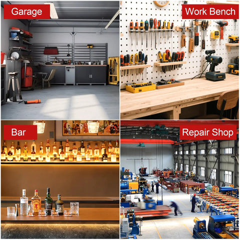 Collage of a garage, work bench, bar, and repair shop scenarios for Swivel Industrial Shop Stool With Mesh Storage And Footrest
