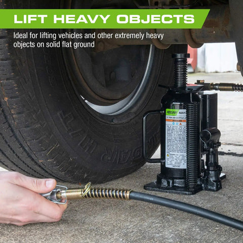 12-Ton Heavy Duty Air Hydraulic Bottle Jack For Cars And Trucks Pro Grade With Fully Welded Base Flash Chrome Ram Aluminum Piston lifting a vehicle on solid ground