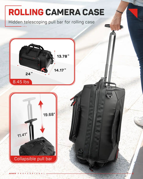 35L Rolling Camera Bag With Side Access And Wheels Two In One Travel DSLR Backpack with telescoping pull handle in use
