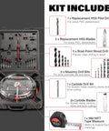 Adjustable Hole Saw Cutter Kit 1.6 Inch To 11.8 Inch Range with drill bits, blades, and dust shield in open carrying case