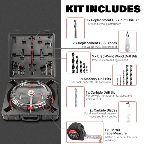 Adjustable Hole Saw Cutter Kit 1.6 Inch To 11.8 Inch Range with drill bits, blades, and dust shield in open carrying case
