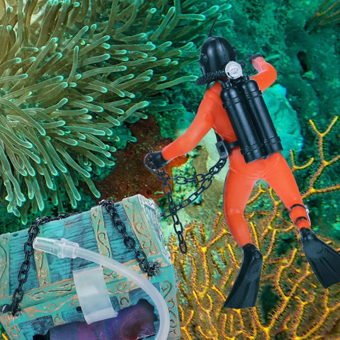 Action Aquarium Bubbler Treasure Chest Decor With Moving Diver for Fish Tanks, orange scuba diver, air tube, coral background