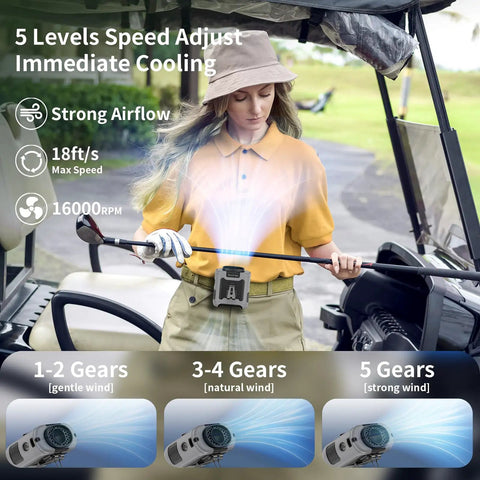 Person using 10000mAh Portable Waist Clip On Fan With 5 Speeds And Built In Flashlight for cooling while golfing.