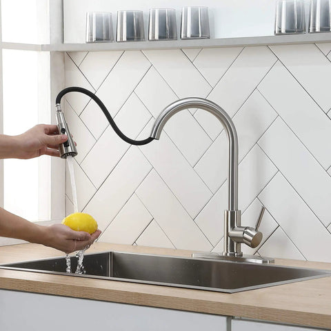 Brushed Nickel Kitchen Faucet With Pull Down Sprayer High Arc Single Handle Stainless Steel Sink Faucet in modern kitchen