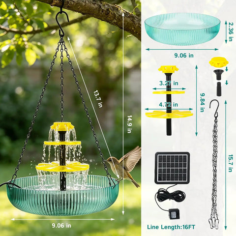 3 Tier Hanging Solar Bird Bath Fountain With Cascading Water Feature And 16.4 Foot Cord Large Bird Bowl for Hummingbirds