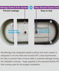 Comparison of Woodbridge Sealed Drain System and exposed drain, highlighting leak prevention features of Heavy Duty Acrylic Clawfoot Bathtub Featuring Fly Slipper Contour And Straight Up Brushed Nickel Fixtures Complete No Stress All In One Luxury Home Soak Package.