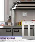 Heavy Duty Stainless Steel 2-Gang Wall Plate 4.50 By 4.57 Inches Decorator Style in a modern kitchen setting