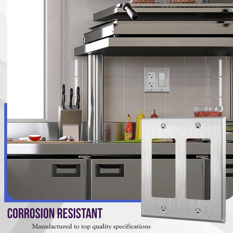 Heavy Duty Stainless Steel 2-Gang Wall Plate 4.50 By 4.57 Inches Decorator Style in a modern kitchen setting