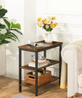 Rustic Brown And Black 3 Tier End Table With Open Storage Shelves Sleek Industrial Side Stand Fits Snugly In Tiny Spaces on hardwood floor
