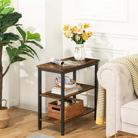 Rustic Brown And Black 3 Tier End Table With Open Storage Shelves Sleek Industrial Side Stand Fits Snugly In Tiny Spaces on hardwood floor