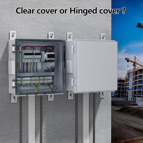 Ventilated Outdoor Electrical Junction Box Built To Last With Cable Grommets And Mounting Plate, Hinged Cover For Easy Access, Indoor And Outdoor Use, IP65 Waterproof, Grey Cover, 13 By 13 By 5.1 Inches installed on wall with open and closed view
