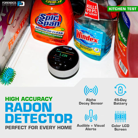 Heavy Hitter Radon Detector For Homeowners Featuring Upgraded Version 2.0 in a kitchen setting, showcasing color LCD display.
