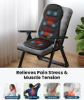 Back Massager With Heat And Vibration, Seat Cushion With 8 Massage Nodes And 5 Modes, shown on a chair in a home office setting