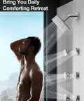 GRANDJOY 16" Dual Shower System with Handheld Spray, Brushed Nickel featuring rainfall head and body jets in action.