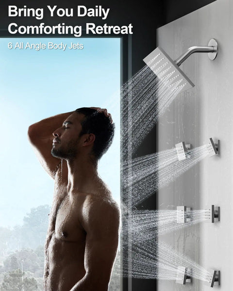 GRANDJOY 16" Dual Shower System with Handheld Spray, Brushed Nickel featuring rainfall head and body jets in action.