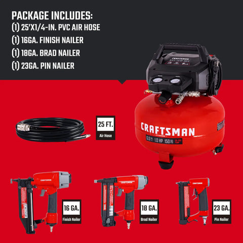 Craftsman 6 Gallon Pancake Air Compressor And 3 Piece Nail Gun Combo Kit With Oil Free Pump 25 Foot Hose Finish Brad Pin Nailer For Home Shop Projects Portable Lightweight Design