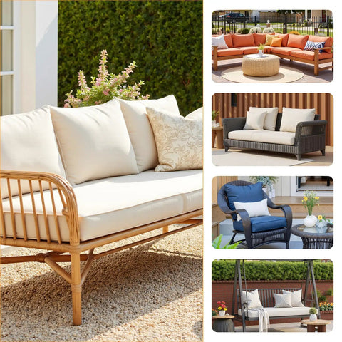 Assorted custom bench cushions for indoor and outdoor furniture in various styles and colors.
