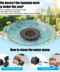 Dope Solar Bird Bath Fountain With Glass Solar Panel And Power Indicator Built In 2000mAh Battery For Fast Energy Conversion Waterproof Outdoor Garden Decor In Black Panel Easy Cleaning And Quick Operation shown with maintenance instructions