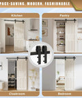 Hella Smooth Five Foot Sliding Barn Door Hardware Kit With Rock Solid Heavy Duty Track Rails And Easy Peasy Roller Wheels For Single Door Up To Thirty Inches Wide with installations in kitchen, pantry, cloakroom and bedroom.