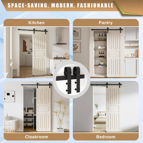 Hella Smooth Five Foot Sliding Barn Door Hardware Kit With Rock Solid Heavy Duty Track Rails And Easy Peasy Roller Wheels For Single Door Up To Thirty Inches Wide with installations in kitchen, pantry, cloakroom and bedroom.
