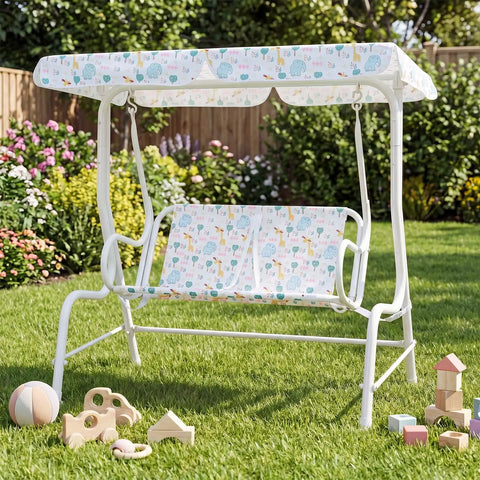 Two-Seater Kids Patio Swing With Adjustable Canopy, Safety Belt And Curved Armrests, Outdoor Hanging Bench for Backyard, White Elephant Pattern