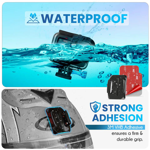 Adhesive Mount Kit For GoPro And Action Cameras 10 Pack Flat And Curved Mount Pads demonstrating waterproof use and strong adhesive
