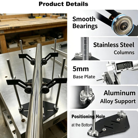 Heavy Duty Adjustable Pipe Rolling Rig With Rock Solid V Frame Base showing smooth bearings and stainless steel columns.