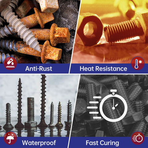 blue red threadlocker set showcasing anti-rust, heat resistance, waterproofing, and fast curing capabilities for automotive and industrial use
