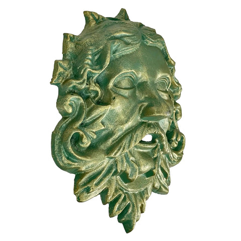 Heavy Duty Cast Iron Celtic Green Man Wall Plaque Sporting A Dead Cool Antiqued Verdigris Finish Standing Ten Inches Tall, detailed view.
