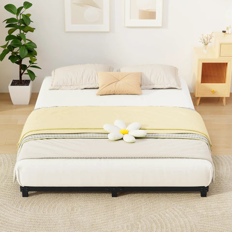Rock Solid Full Size Bed Frame With Heavy Duty Steel Slat Support Ultra Low Profile Platform Design viewed with a yellow blanket and decorative pillow.