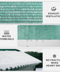 Beefed Up 35 To 45 Percent Sun Shade Cloth 10 By 20 Feet Green HDPE Mesh showing ventilation, permeability, and snow durability features