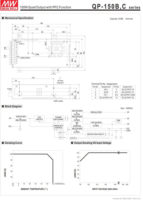 MEAN WELL QP-150B,C series drawing of Quad Output 150.2 W AC DC Switching Power Supply With -12 V 5 V 12 V 24 V Rails Encapsulated Industrial Grade Wide Input 90 To 370 V High Efficiency Bench Power Converter For Prototyping And Systems