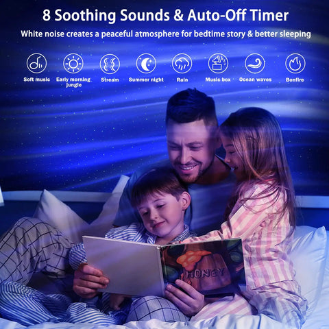Family enjoying bedtime under Northern Lights Aurora Projector With Star Projector And Music Speaker For Home Decor And Bedroom Ceiling Galaxy Light For Kids And Adults Perfect For Parties And Chill Vibes With White Noise Night Light.