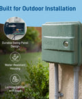 9-Station Outdoor Sprinkler Timer With Indoor And Outdoor Locking Cabinet mounted outdoors with rainwater on its surface
