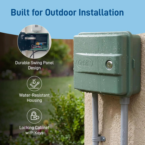 9-Station Outdoor Sprinkler Timer With Indoor And Outdoor Locking Cabinet mounted outdoors with rainwater on its surface